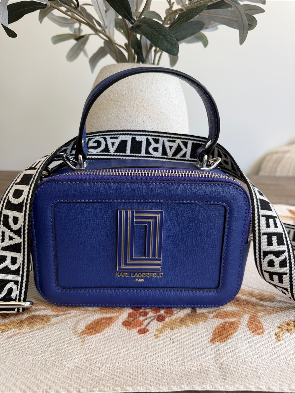 Karl Lagerfeld Royal Blue Leather Small Crossbody Camera Bag with Logo Strap